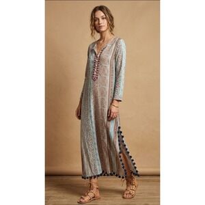 Roller Rabbit Maxi Dress Womens S Blue Tan Cotton Pom Pom Trim Paisley Caftan